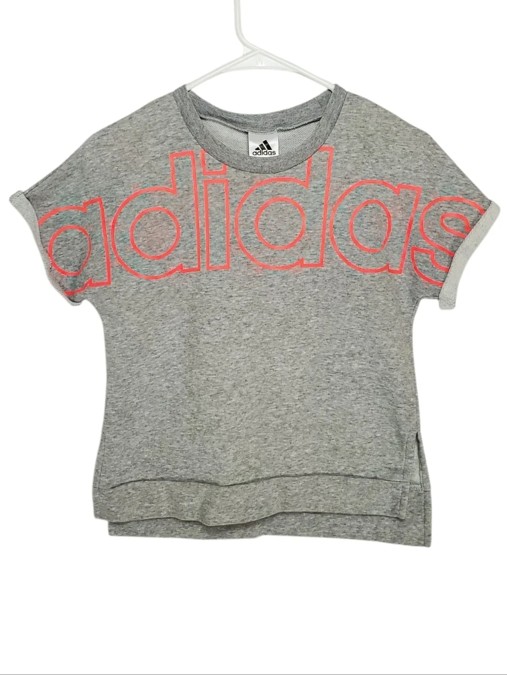 Adidas Girls Big Logo Short Sleeve Sweatshirt Top Gray Pink Orange Size L 14